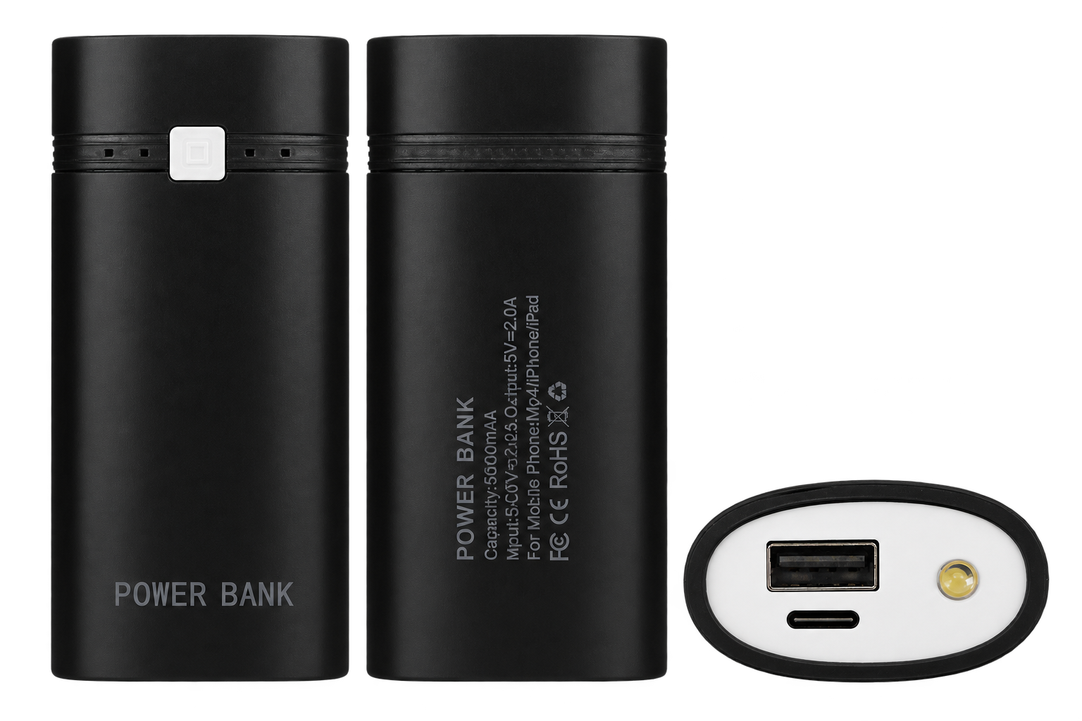 基礎 USB-C 充電盒的正面、背面與接頭端面