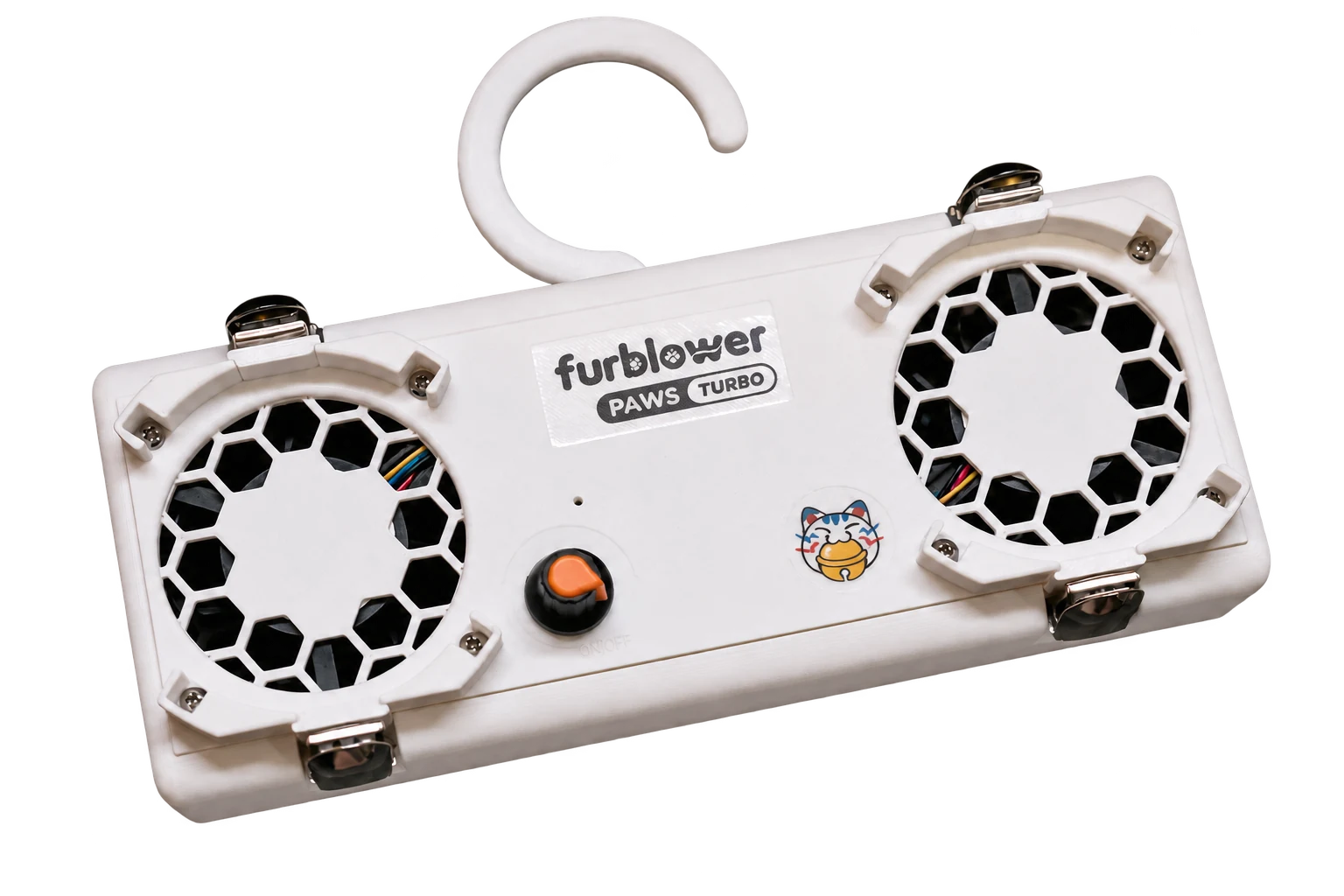 去背後斜放的白色 FurBlower PAWS TURBO 雙風扇主機